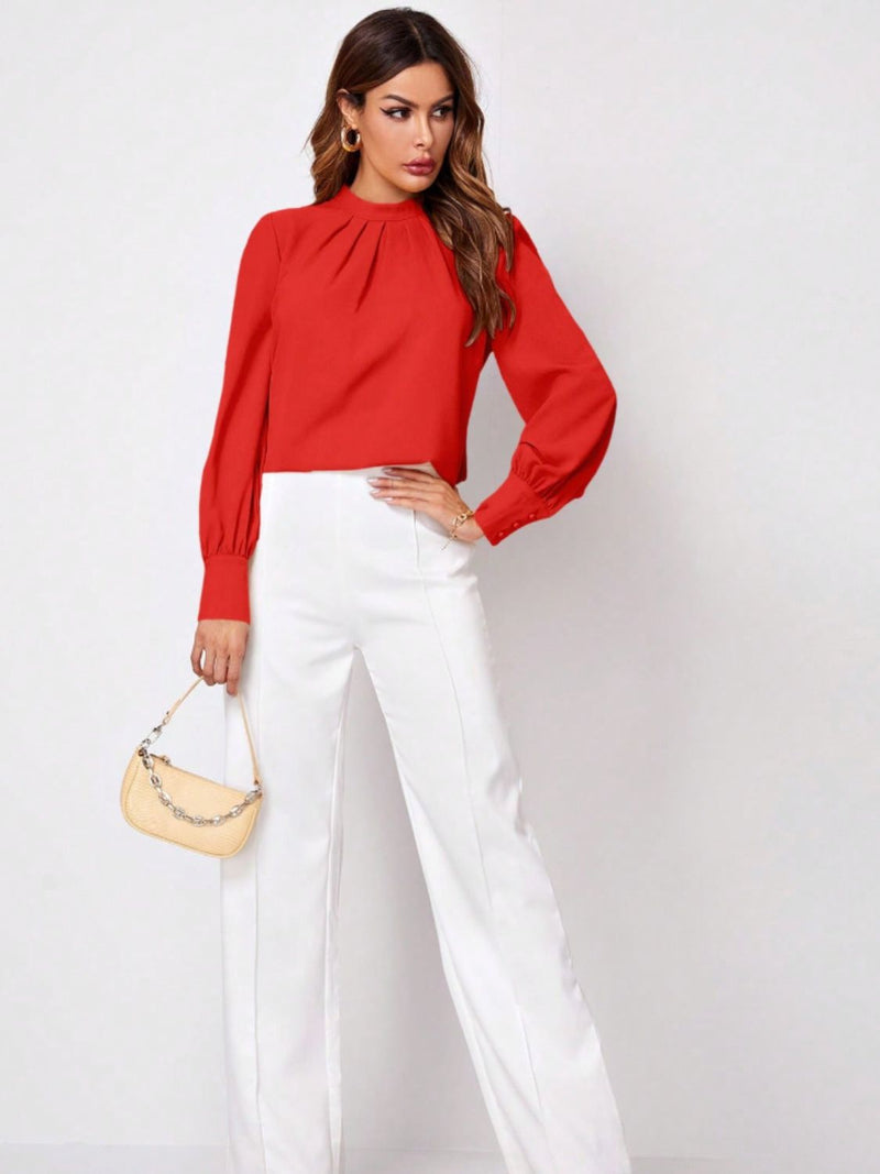 Ruched Mock Neck Long Sleeve Blouse