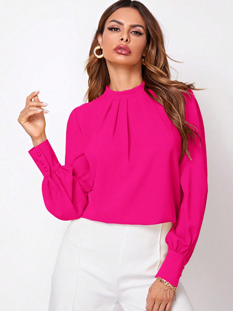 Ruched Mock Neck Long Sleeve Blouse